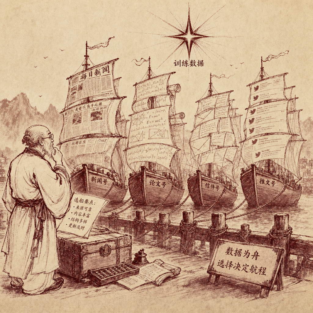 An old bespectacled merchant at a misty harbor inspecting four different sailing ships tied to the same dock, each ship's sails made from different materials — newspaper, academic scrolls, chat letters, and tweets fluttering in the wind — with a single guiding star labeled "training data" above them in sumi-e ink style.