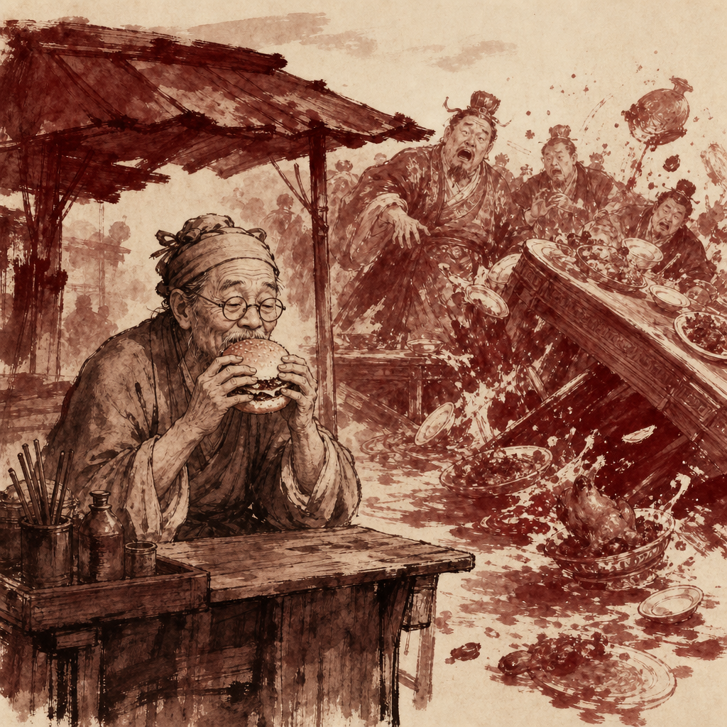 A sumi-e cartoon of an old harbor where a weathered merchant in round glasses calmly eats fries from a paper bag while watching a chaotic regatta of fancy ships sinking in the distance, with a single steady lighthouse shaped like the golden arches in the background.
