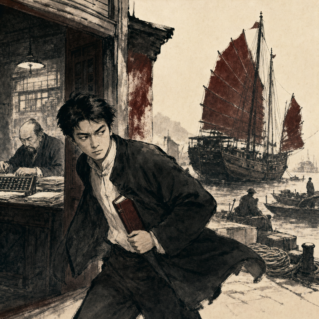 A sumi-e cartoon of an old harbor counting house at dawn, where a nervous clerk hides a heavy ledger under his coat while sneaking onto a departing junk ship, as an older bespectacled merchant arrives at the empty desk holding a lantern to inspect rows of dusty unsold cargo crates labeled with chalk prices.