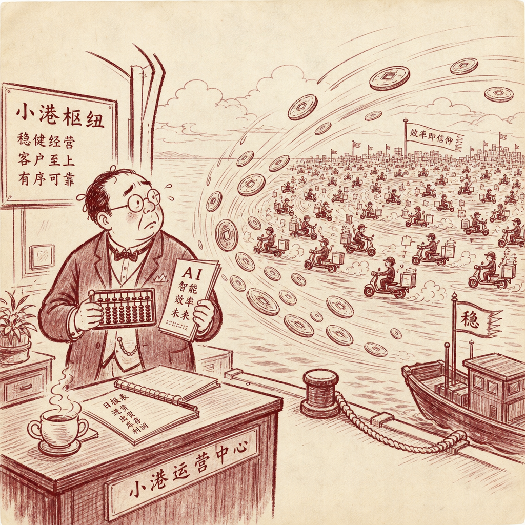 A sumi-e cartoon scene of a well-dressed merchant in a small tidy harbor office holding a tiny abacus and an AI-themed pamphlet, looking nervously across the water at a vast distant shore where countless tiny figures on scooters race in frantic circles delivering boxes, while a giant invisible wind blows golden coins from the far shore toward his harbor — satirical tension between the orderly small hub and the overwhelming chaotic productivity beyond.