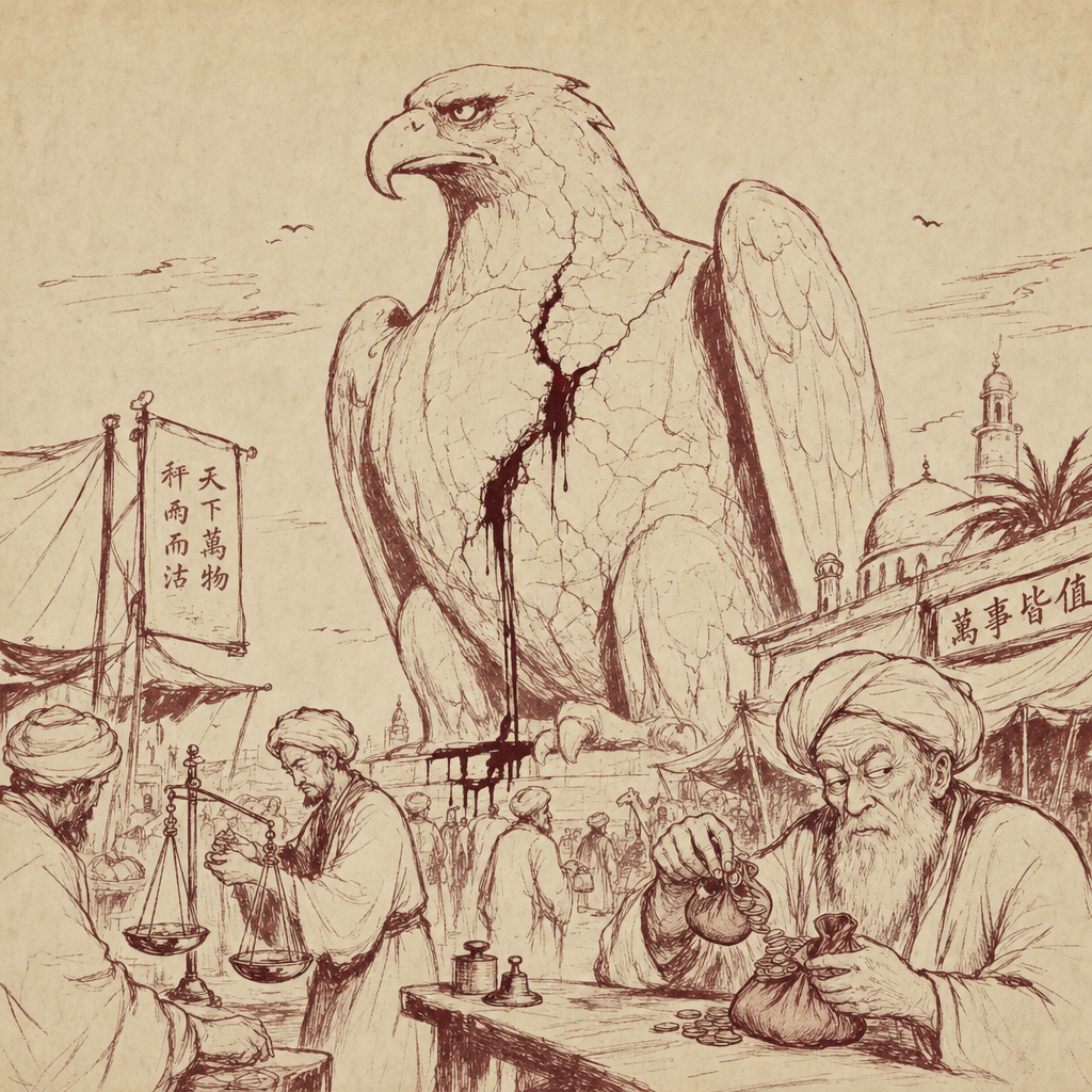 A sumi-e cartoon of a massive stone idol shaped like an eagle towering over a desert bazaar, with a single hairline crack down its chest leaking ink-black blood, while turbaned merchants below quietly tilt their brass scales and an old shopkeeper swaps coins from one cloth pouch to another, watching the crack with narrowed eyes.